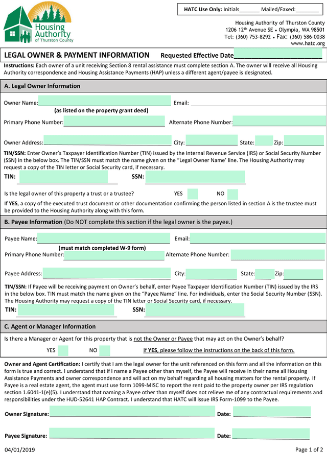 Legal Owner  Payment Information Form screenshot