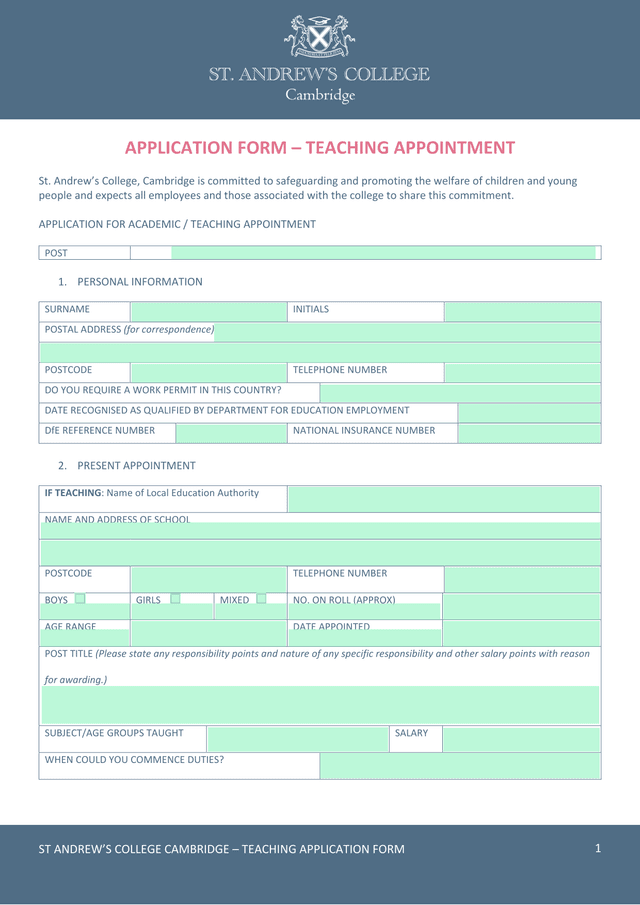 St AndrewS College Cambridge  Teaching Application Form screenshot