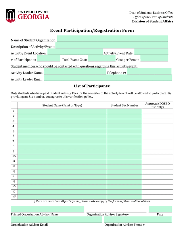 Event ParticipationRegistration Form screenshot