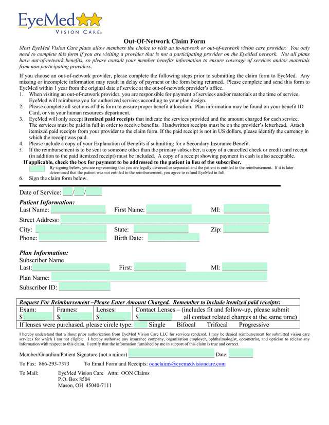 Out Of Network Claim Form screenshot