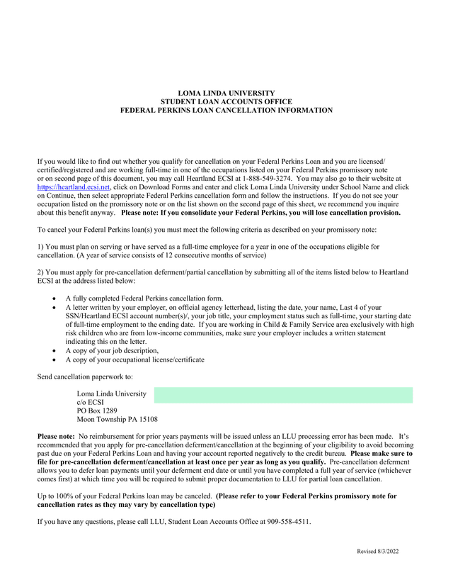 Federal Perkins Loan Cancellation Information screenshot