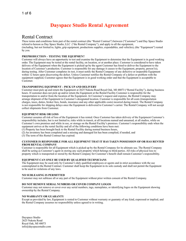 Dayspace Studio Rental Agreement screenshot