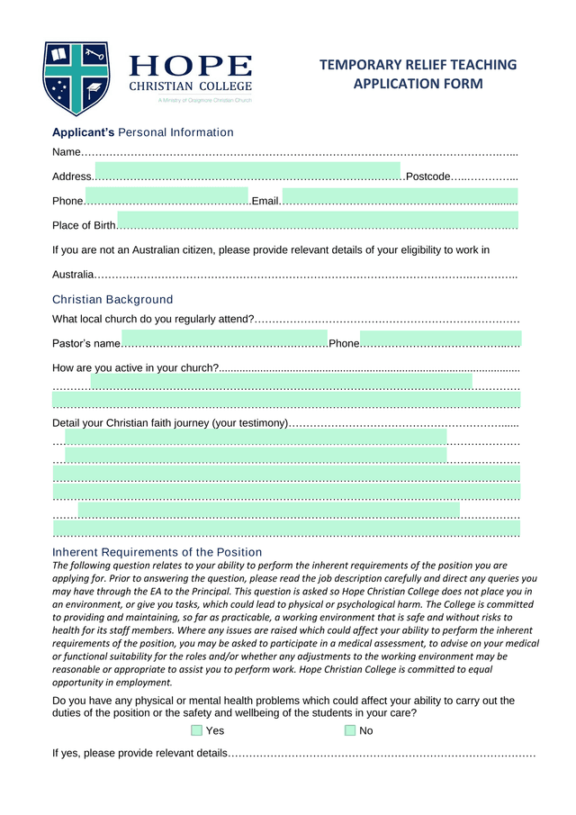 Temporary Relief Teaching Application Form screenshot