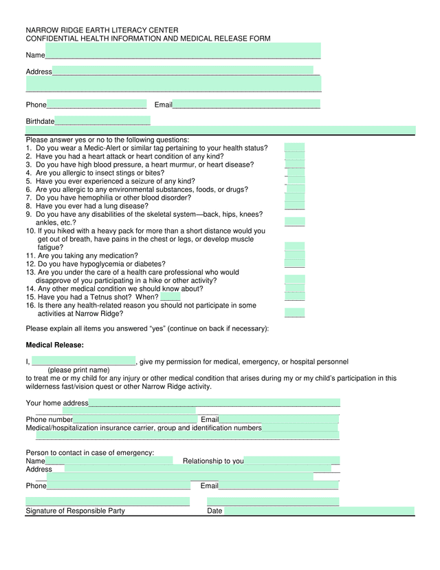 Narrow Ridge Earth Literacy Center Confidential Health Information And Medical Release Form screenshot