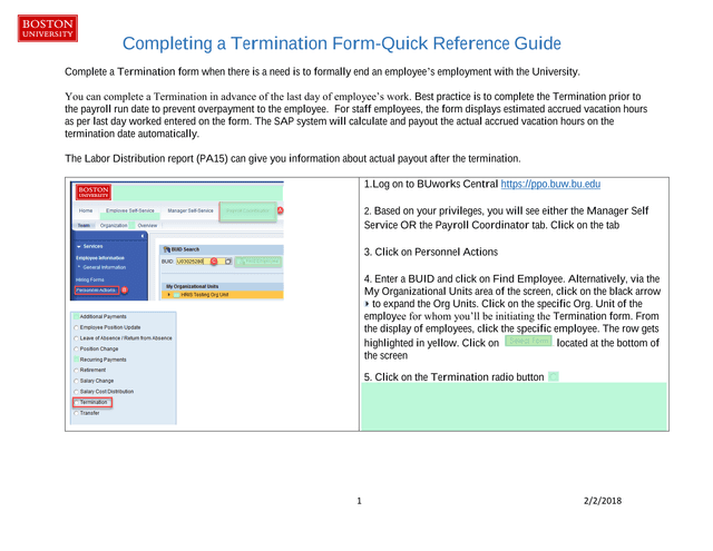 Completing A Termination Form Quick Reference Guide screenshot