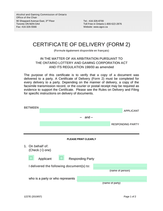 Certificate Of Delivery (Form 2) screenshot