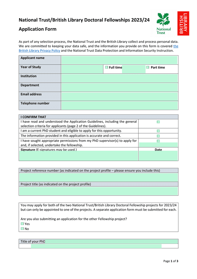 National TrustBritish Library Doctoral Fellowships 202324 Application Form screenshot