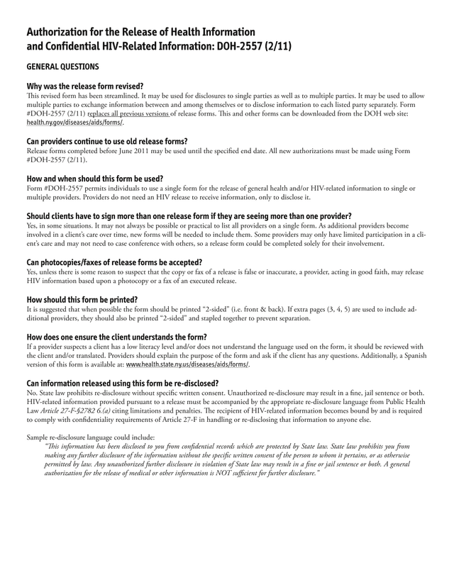 Authorization For The Release Of Health Information And Confidential HIV Related Information DOH 255 screenshot