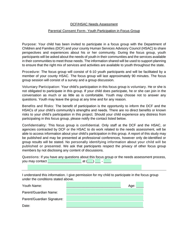 DCFHSAC Needs Assessment Parental Consent Form  Youth Participation In Focus Group screenshot