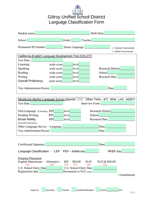 Gilroy Unified School District Language Classification Form screenshot