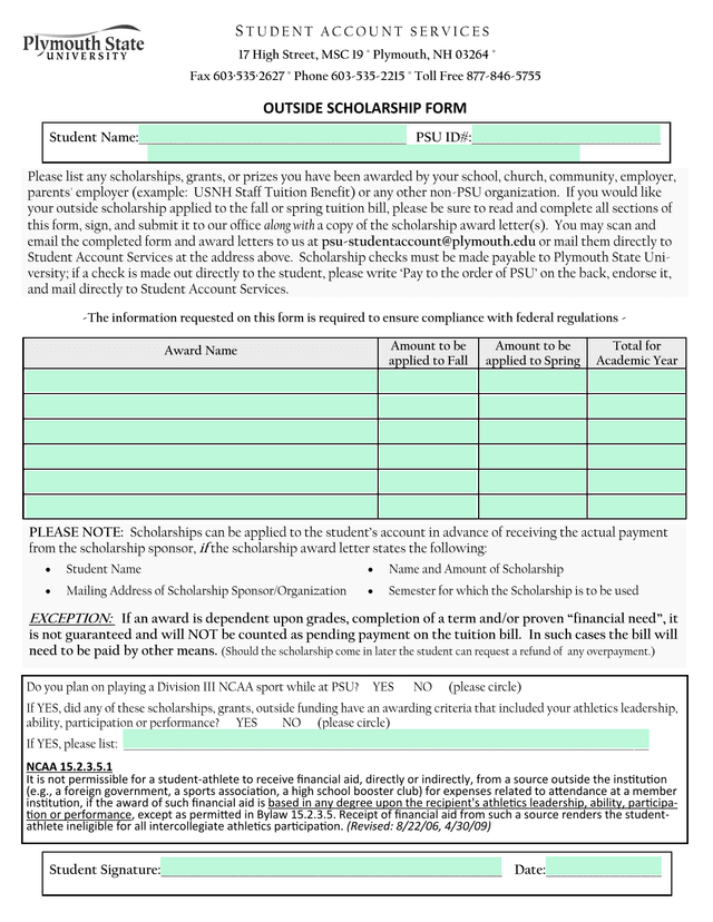 OUTSIDE SCHOLARSHIP FORM screenshot