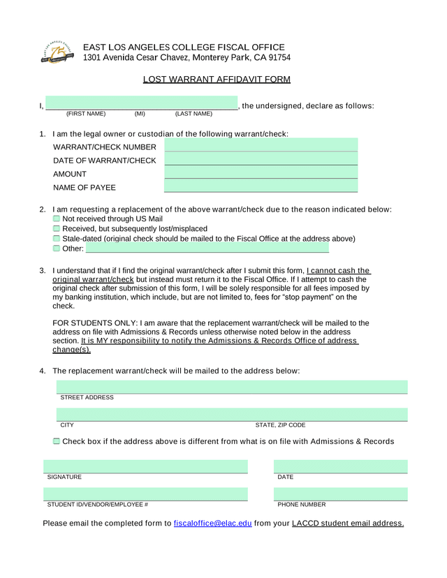 Lost Warrant Affidavit Form screenshot