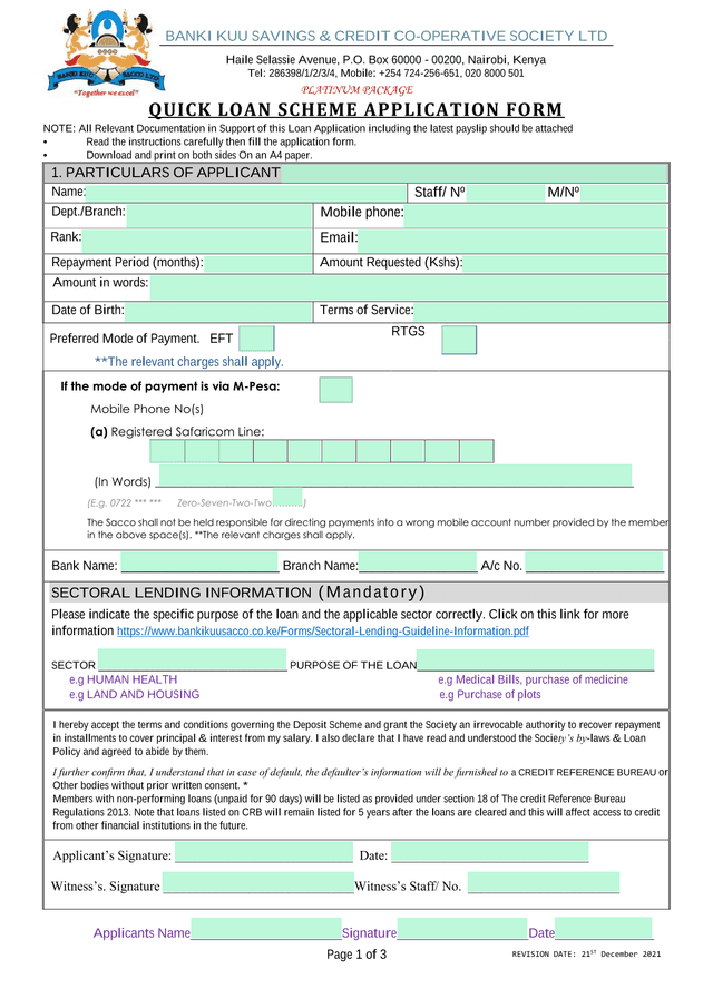 PLATINUM PACKAGE QUICK LOAN SCHEME APPLICATION FORM screenshot