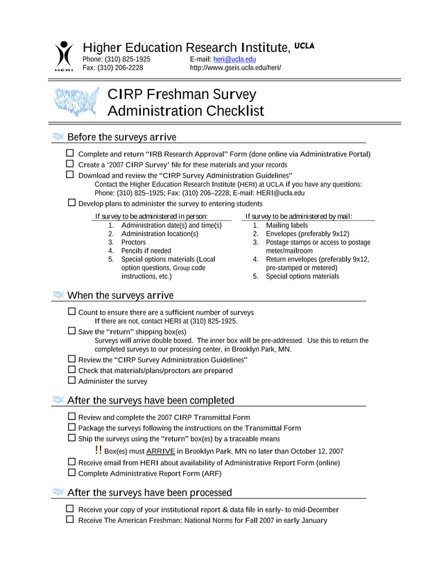 CIRP Freshman Survey Administration Checklist screenshot