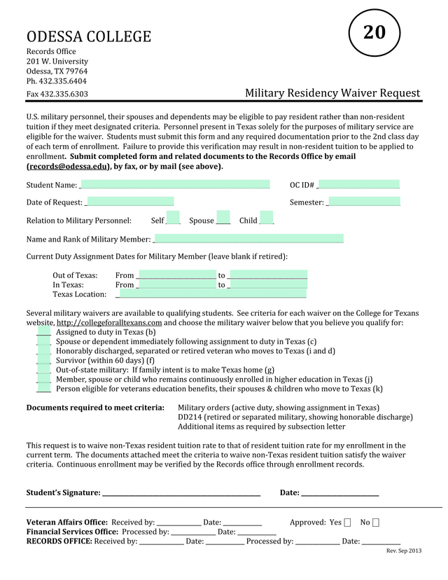 Military Residency Waiver Request screenshot