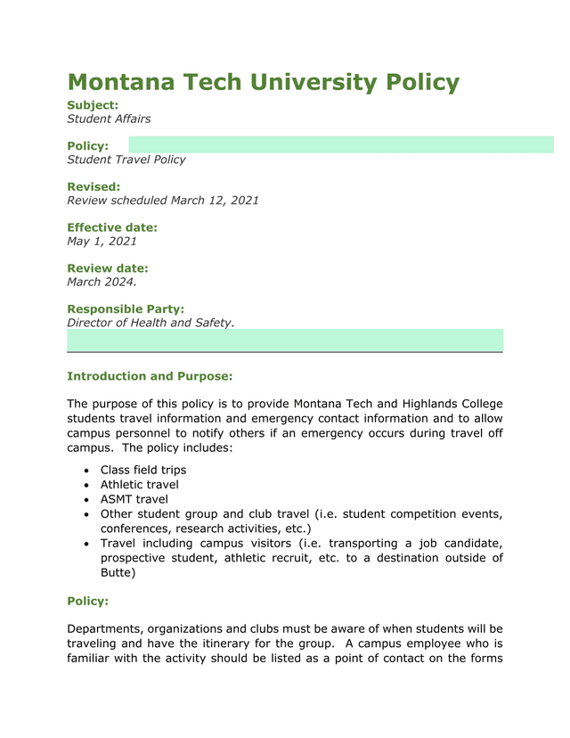 Montana Tech University Student Travel Policy screenshot