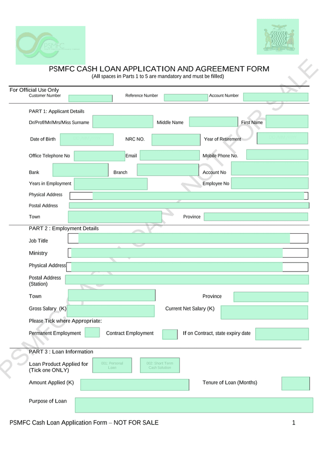 PSMFC Cash Loan Application And Agreement Form screenshot