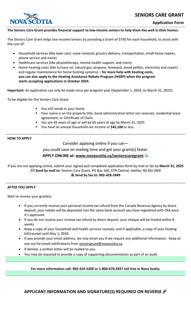 SENIORS CARE GRANT Application Form screenshot