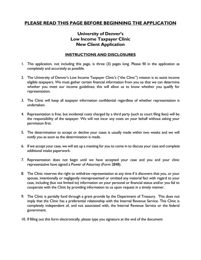 University Of DenverS Low Income Taxpayer Clinic New Client Application screenshot