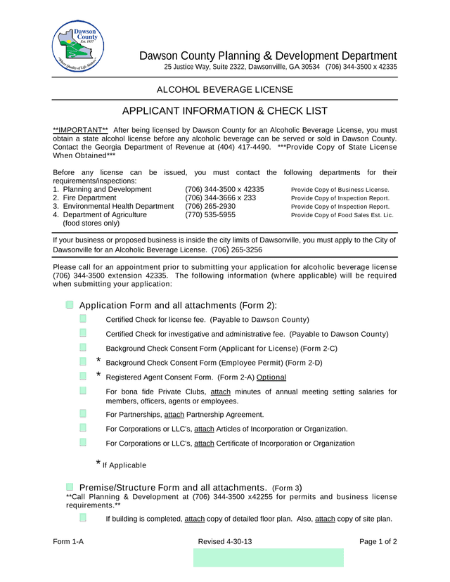 Form 1 A Alcohol Beverage License screenshot