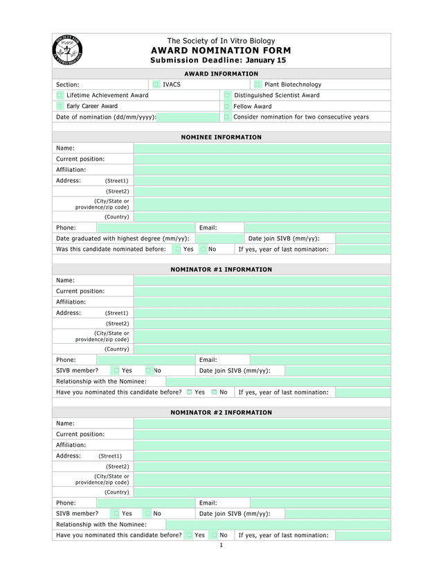 The Society Of In Vitro Biology AWARD NOMINATION FORM screenshot