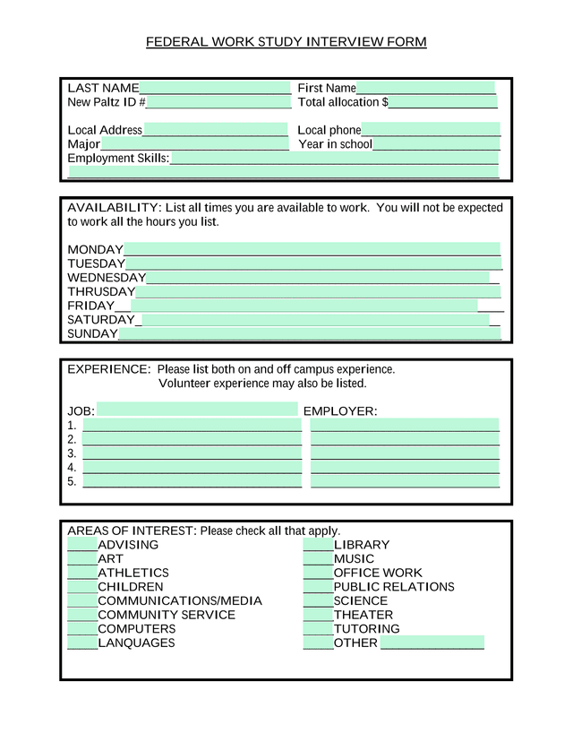 Federal Work Study Interview Form screenshot