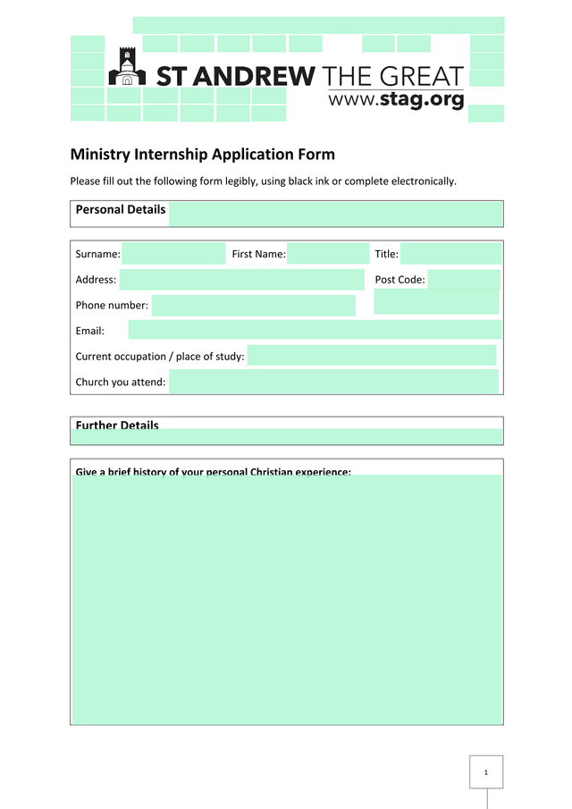 Ministry Internship Application Form screenshot