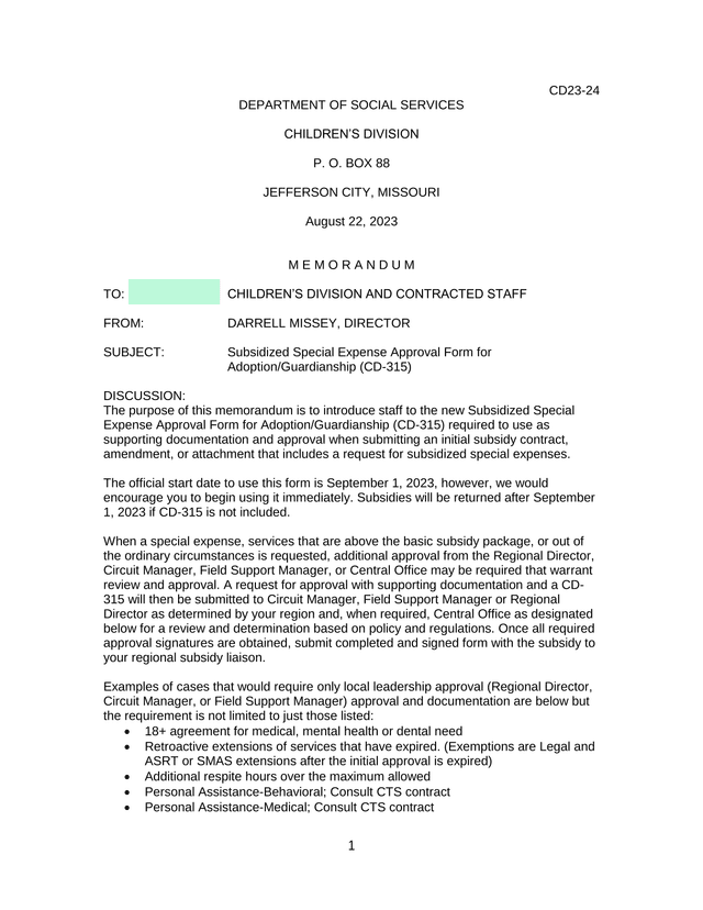 Subsidized Special Expense Approval Form For AdoptionGuardianship (CD 315) screenshot