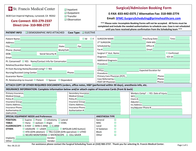 SurgicalAdmission Booking Form screenshot
