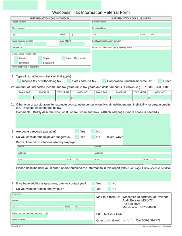 Wisconsin Tax Information Referral Form screenshot