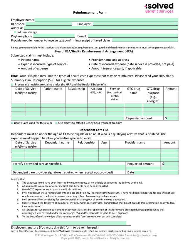 Reimbursement Form screenshot