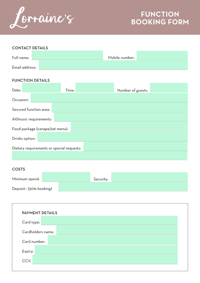 FUNCTION BOOKING FORM screenshot