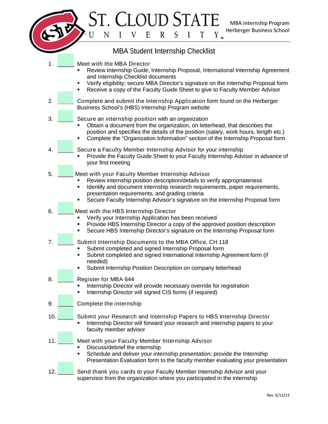 MBA Student Internship Checklist screenshot