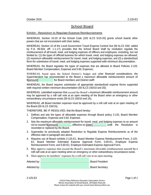 School Board Exhibit   Resolution To Regulate Expense Reimbursements screenshot