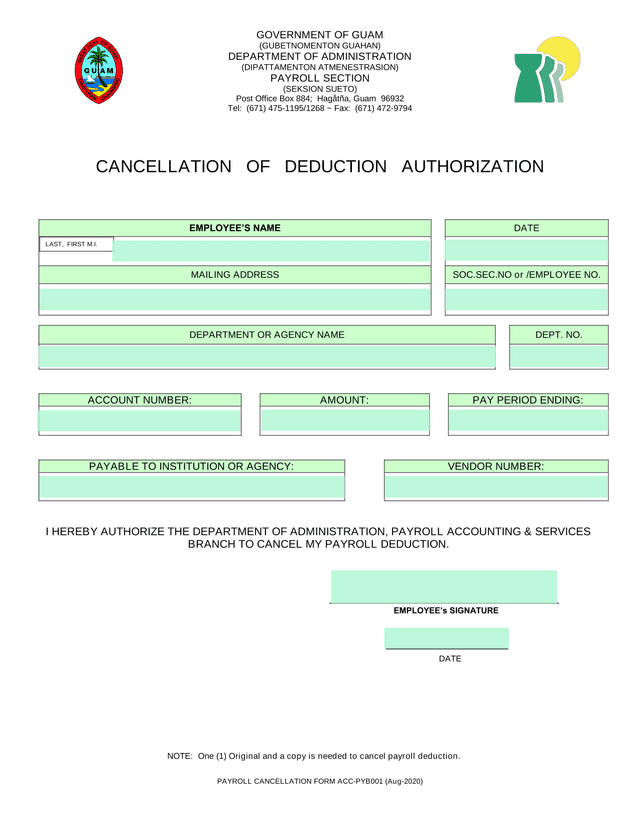 Payroll Cancellation Form ACC PYB001 screenshot