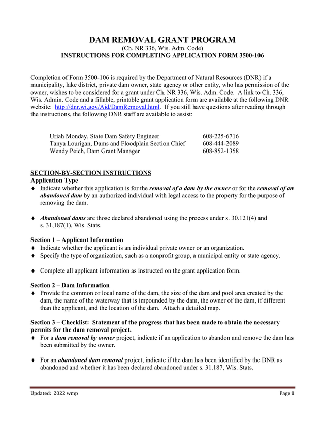 Dam Removal Grant Program Application Form 3500 106 screenshot