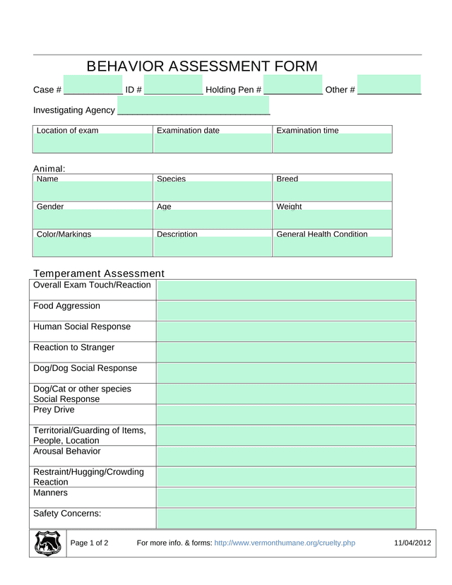BEHAVIOR ASSESSMENT FORM screenshot