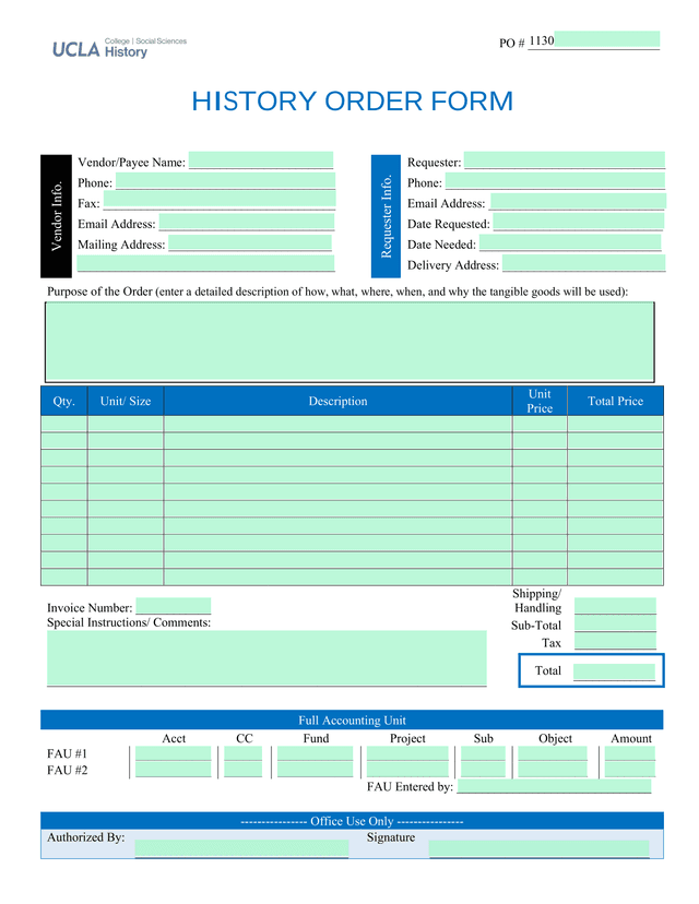 HISTORY ORDER FORM screenshot
