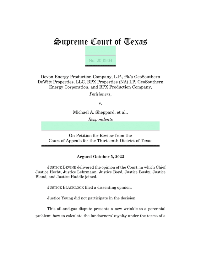 Supreme Court Of Texas   Devon Energy Production Company V. Sheppard screenshot