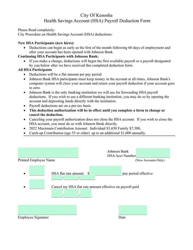 City Of Kenosha Health Savings Account (HSA) Payroll Deduction Form screenshot