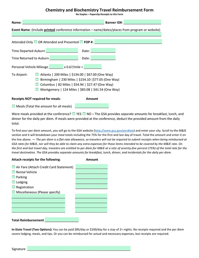 Chemistry And Biochemistry Travel Reimbursement Form screenshot