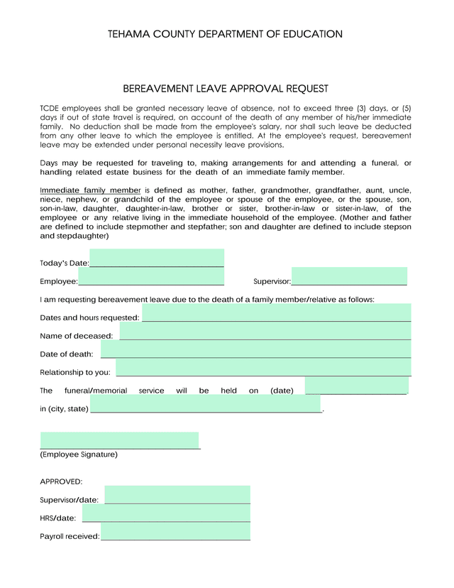 BEREAVEMENT LEAVE APPROVAL REQUEST screenshot