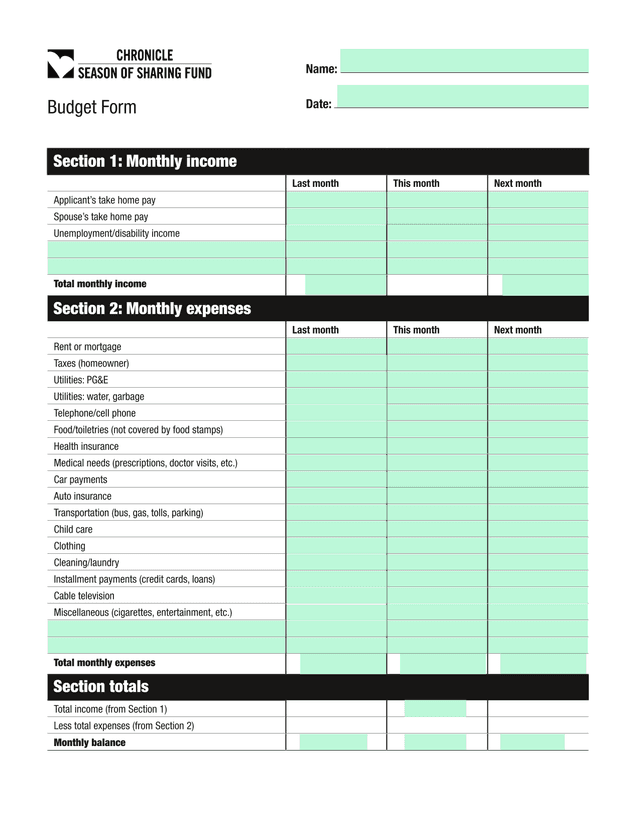 Budget Form screenshot