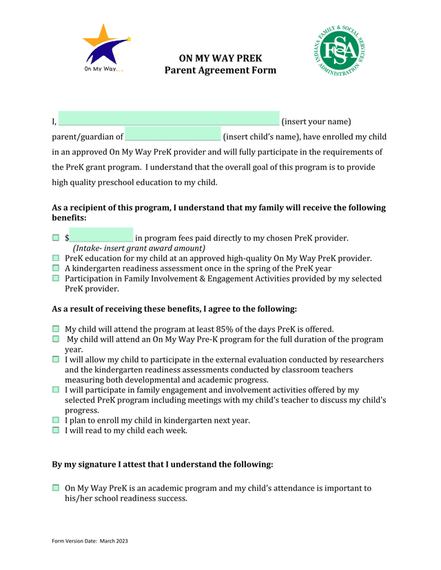 ON MY WAY PREK Parent Agreement Form screenshot