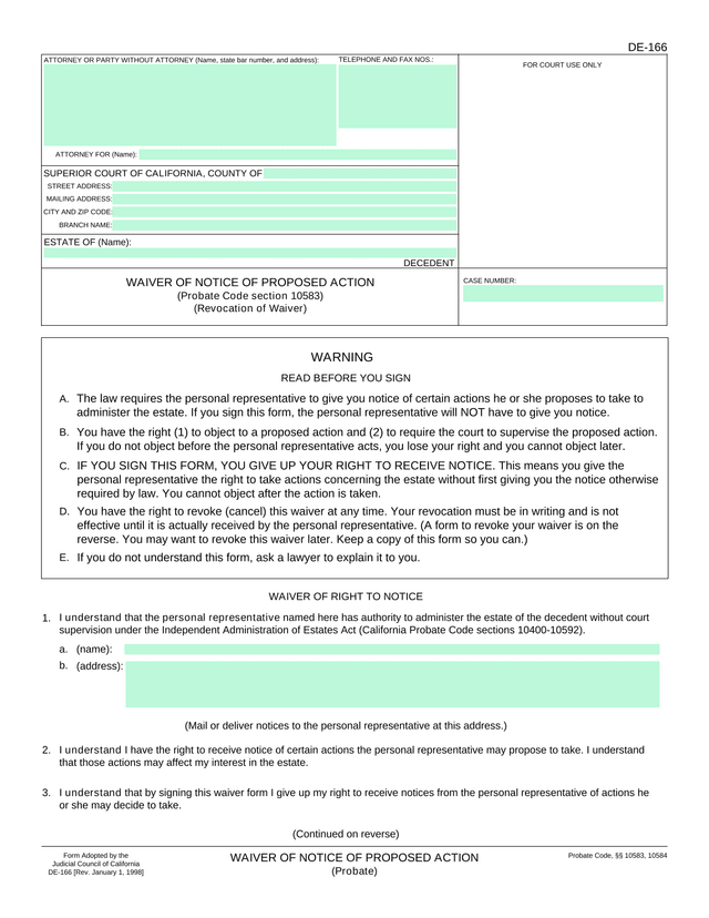 Waiver Of Notice Of Proposed Action screenshot