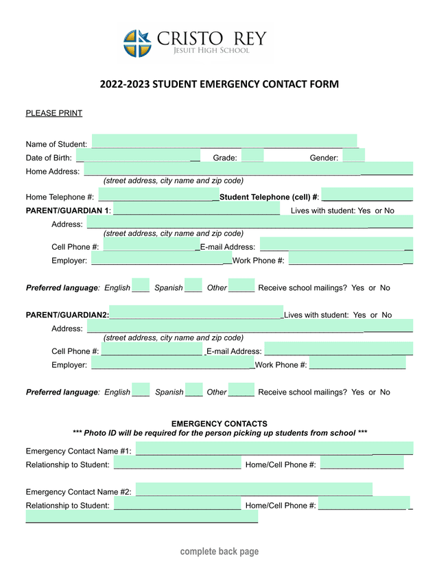 2022 2023 STUDENT EMERGENCY CONTACT FORM screenshot