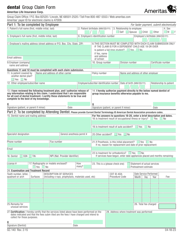 Dental Claim Form screenshot