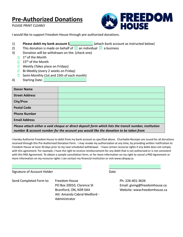 Pre Authorized Donations screenshot