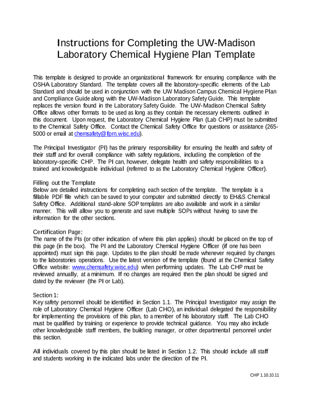 Instructions For Completing The UW Madison Laboratory Chemical Hygiene Plan Template screenshot