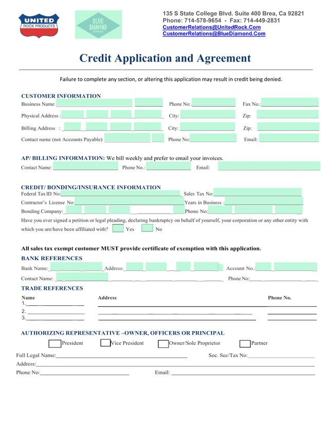 Credit Application And Agreement screenshot